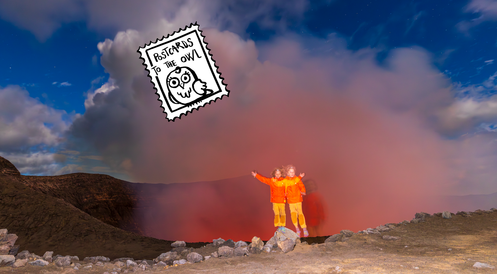 children standing in front of a volcano