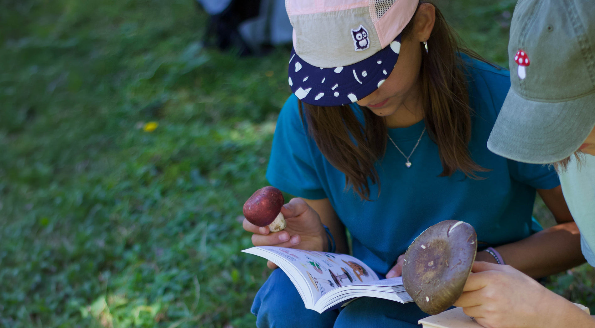 Kids identifying a mushroom with a guide book